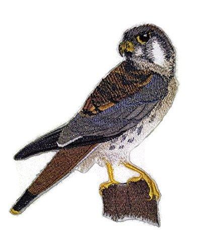 American Kestrel embroidered patch featuring vibrant colors and intricate details, measuring 5 inches by 4 inches, suitable for iron-on or sew-on application.